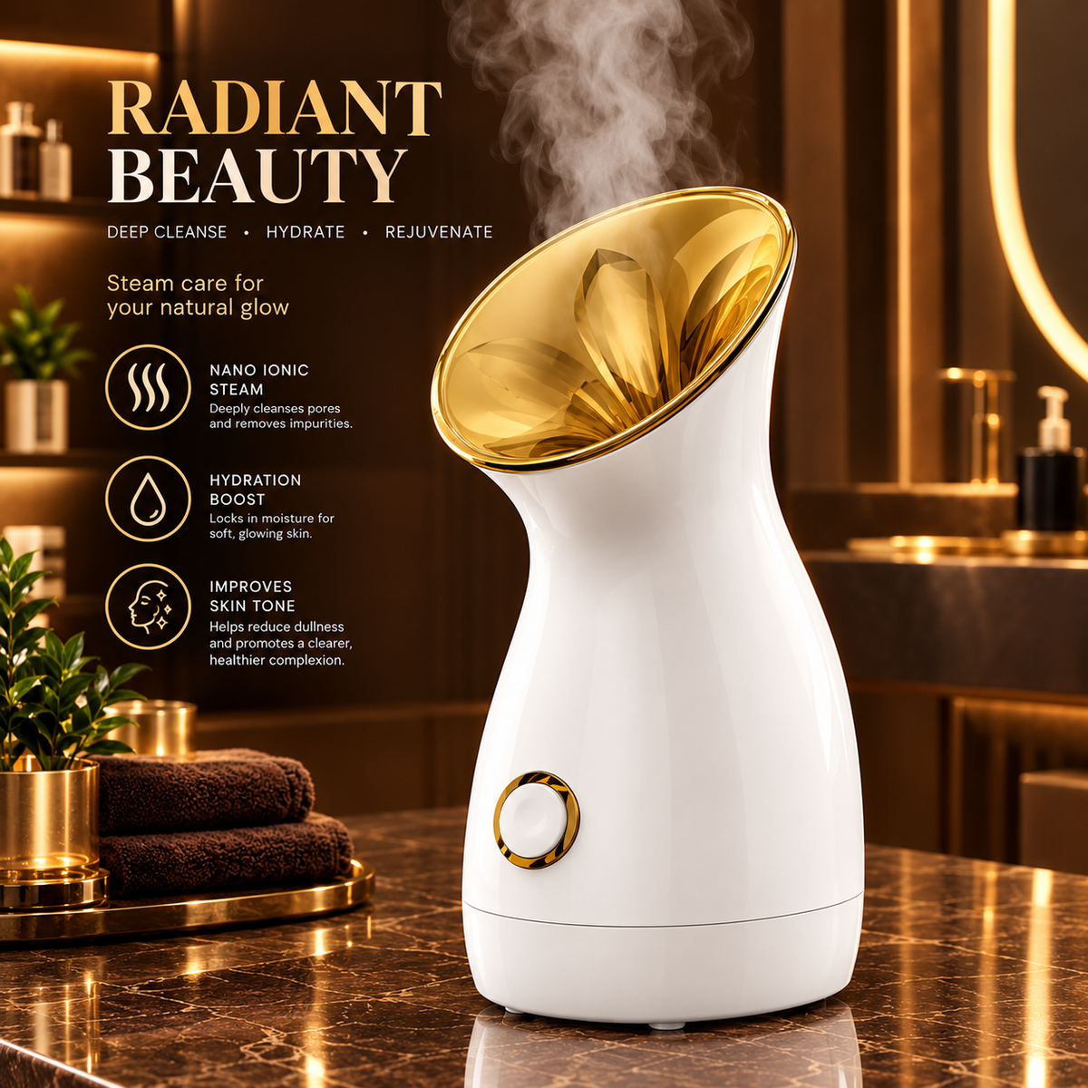 A white and gold steam care device sits on a polished marble countertop in a luxurious bathroom setting, with steam rising from its opening. The background features warm, golden-toned mirrors and vanity lighting, and the left side includes promotional text and skincare props.